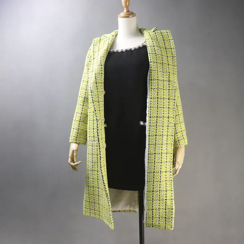 Women's Yellow Winter Tailor MADE Checked Long Warm Coat  UK CUSTOMER SERVICE! Women's Yellow Winter Tailor MADE Checked Long Warm Coat - Yellow Checked warm coat can worn for Winter season and Autumn season. Feel comfort and elegant. All items are made to order. Please advise your height, weight and body measurements ( Bust, shoulder, Sleeves, Waist and Length etc). Our tailors will make the order for you!  Materials: Wool blend (20% Wool)