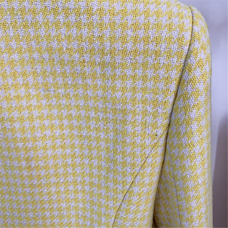Women Houndstooth Fitted Golden Lion Buttons Blazer Yellow  UK CUSTOMER SERVICE! Women Houndstooth Fitted Golden Lion Buttons Blazer Yellow- can worn for business meeting, daily wear, formal date, office work, vacation, interview and outdoor activities.The simple but classic short sleeve tee shirts match well with jeans,shorts,pants,capris,leggings,boots and heels,perfect for spring and summer,you can also wear it under a coat or jacket in cold days   Machine Wash Fastening: Button Slim Long Sleeve