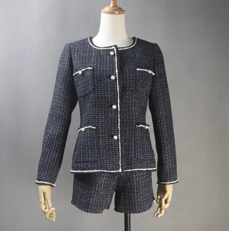 Black Custom Made Blazer For Women Pearl Buttons Jacket + Dress/Shorts –  Fashion Pioneer