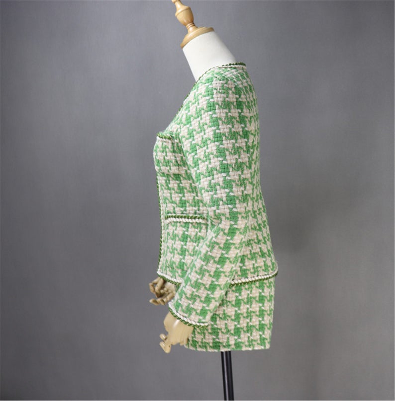 CUSTOM MADE Hounds tooth Tweed Jacket Coat Blazer + Skirt/ Shorts Suit Green