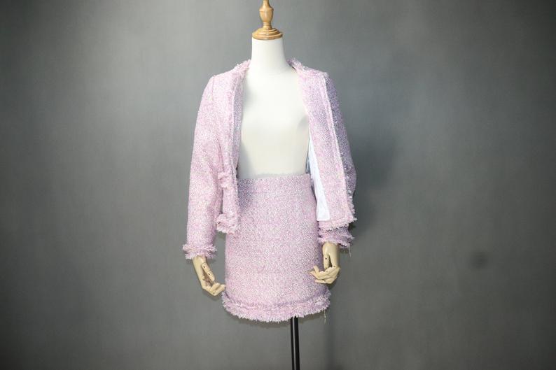  Big Pockets Custom Made Tassel Tweed Skirt Suit Pink