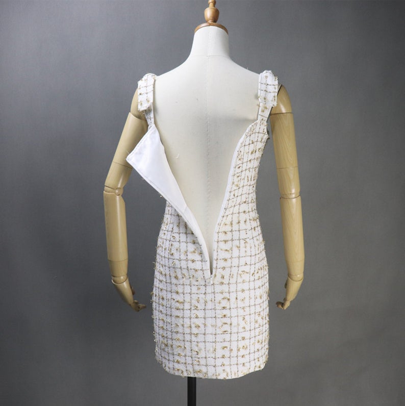 Women's Tweed Dress Golden Sparkle Decoration Checked Pattern   UK CUSTOMER SERVICE! Women's Tweed Dress Golden Sparkle Decoration Checked Pattern -  Shape cut with darts, large square neck,  sleeveless. An everyday dress to wear anytime. The mix fabric white, gold colours give warm tones in winter to your skin. And the dress is SHINY  to the golden yarn in the TWEED. This suits with demin jacket. Our tailor will make exact body measure as per customer requirement.