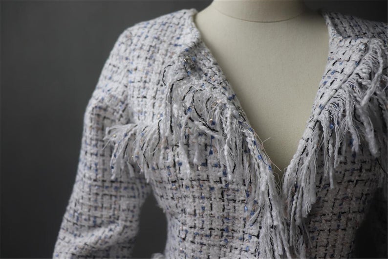 Women Designer Inspired Custom Made Golden Multi-Colour Threads Tweed Tassel Fringe Skirt Suit