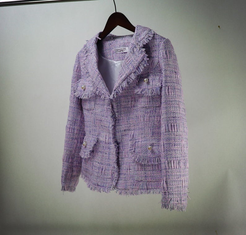 Womens Designer Inspired CUSTOM MADE Tassel Pearl Buttons Jacket Coat Blazer Purple