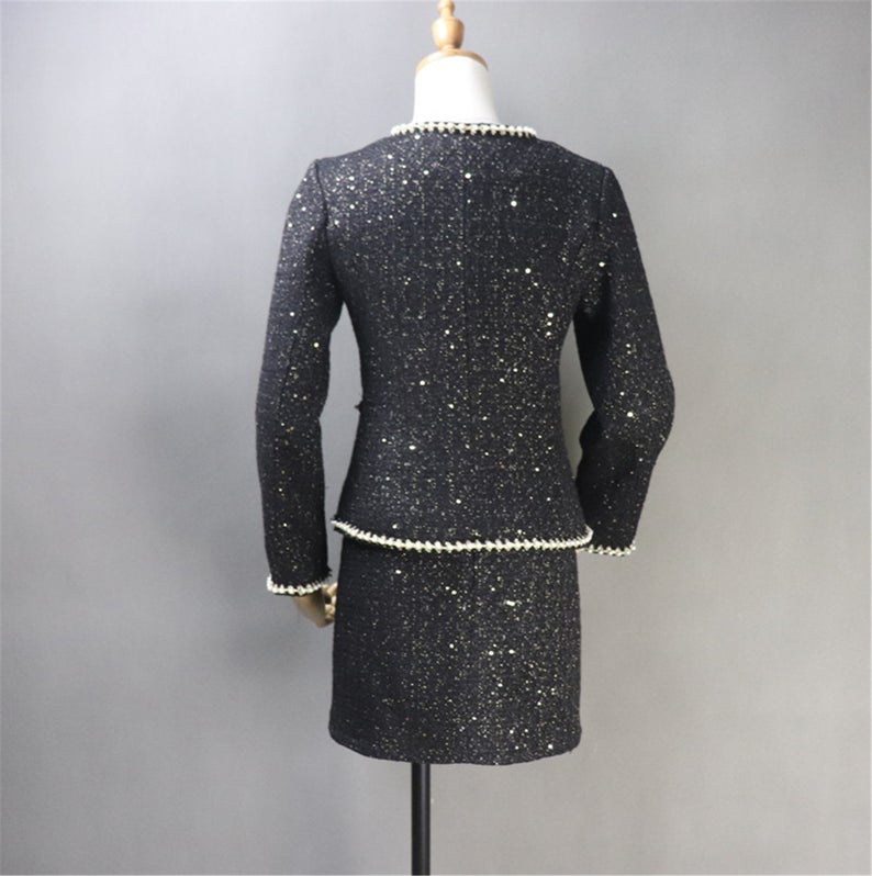 Women Designer Inspired CUSTOM MADE Tweed Sequined Jacket Coat Blazer+ Midi Skirts with a Belt UK CUSTOMER SERVICE! All items are made to order with very experienced tailors. Please advise your height, weight and body measurements ( Bust, shoulder, Sleeves, Waist and Length etc). Our tailors will make the order for you! Materials: Wool blend   Custom made or tailor made Tweed Sequined has four pockets, can wear it for official use, college inauguration, ceremony. 