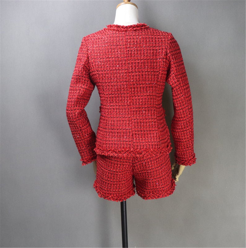 Custom Made Red Sparkle Threads Tweed Blazer Coat for Women  UK CUSTOMER SERVICE! Custom Made Red Sparkle Threads Tweed Blazer Coat - Custom Made red sparkle with front pocket, diamond cut buttons, Round neck and long sleeve. Can wear for night out ,party, evening wear for dinner, outside wear. We can offer Skirt, Shorts and Suits for women.