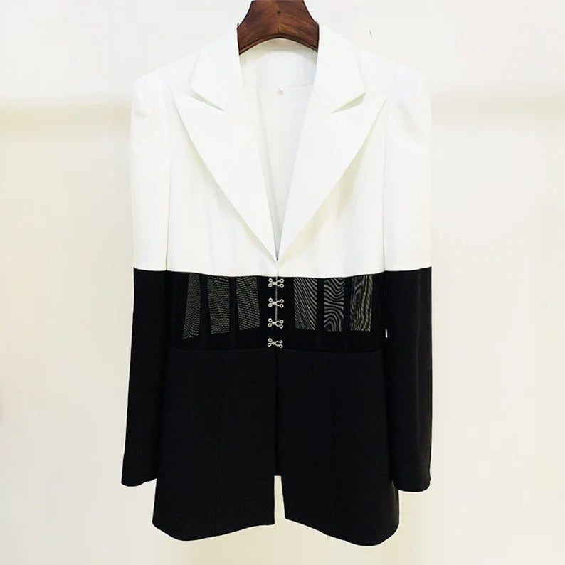 Women's Black White Mesh Jacket Coat Blazer+ Trousers  UK CUSTOMER SERVICE!  Women's Black White Mesh Jacket Coat Blazer+ Trousers- Suit blazer jacket coat outwear top for women. Material: cotton, polyester. No Machine Wash and Dry Cleaning.  Fastening : Button, Long Sleeve, lapel, button up,  long sleeve. Occasion: office work wear, casual wear, hang out, streetwear. Suited to both ladies or teen junior girls wearing in four seasons.