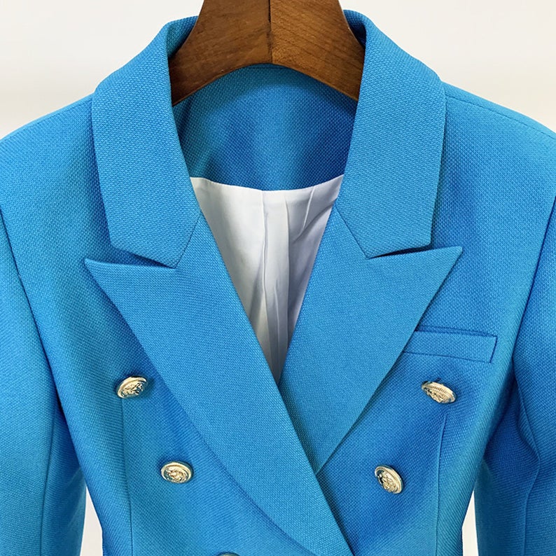 Women's Fitted Blazer Golden Lion Buttons Coat Blue UK CUSTOMER SERVICE! Women's Fitted Blazer Golden Lion Buttons Coat Blue- can worn for business meeting, daily wear, formal date, office work, vacation and outdoor activities. Classic fashion design, the simple and comfort can accentuate the neck line.  Polyester Fastening: Button Slim Long Sleeve