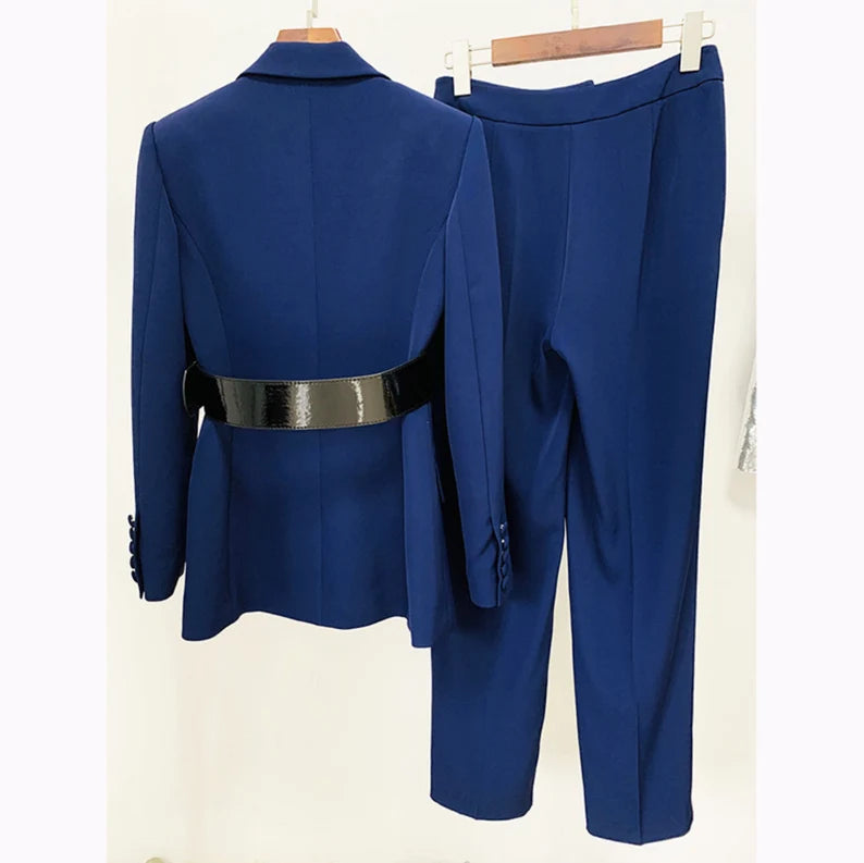 Ladies Navy Belted Mid-length Jacket Coat Blazer+ Long Pants Trousers Suit
