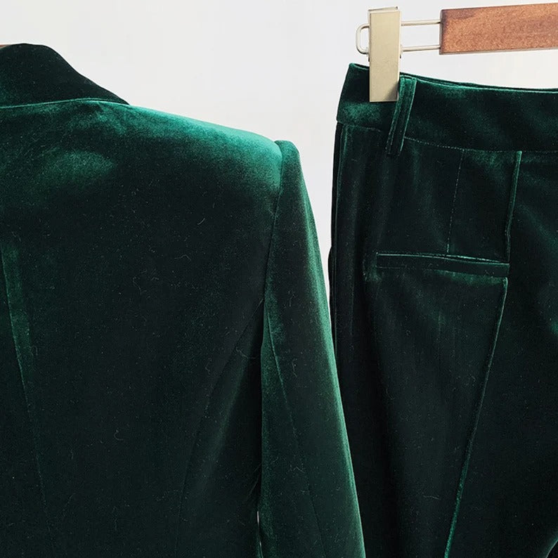 Women Green Velvet Blazer + Flare Trousers Suit