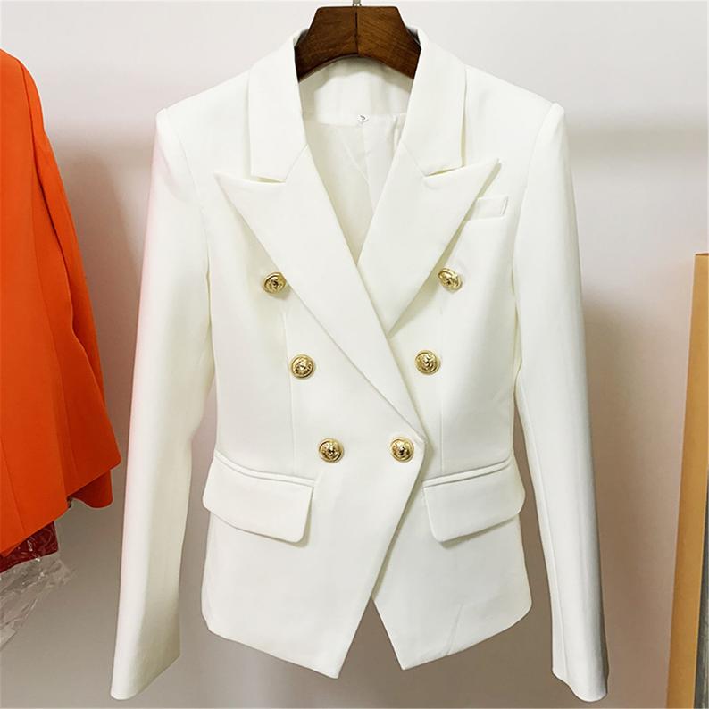 Women's White Fitted Blazer Golden Lion Buttons Coat 2 Colours  UK CUSTOMER SERVICE!  Women's White Fitted Blazer Golden Lion Buttons Coat 2 Colours -This ladies blazer has a beautiful double breasted silhouette. The White Blazer fitted jacket has a golden button frontage with single button closure. 96% Polyester .Fastening: Button. Slim Fit. Long Sleeve.