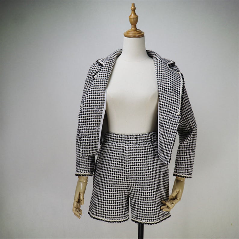 Custom Made Checked Pattern Tweed Crop Blazer + Shorts/Skirt Suit