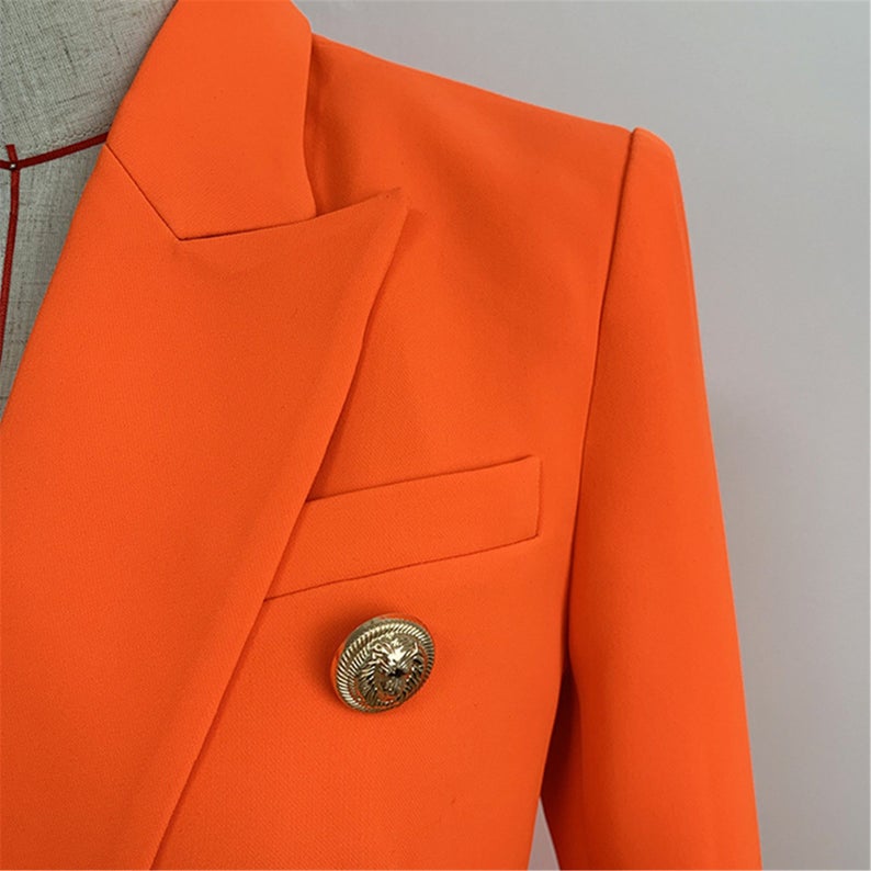 Women's Blazer Fitted Golden Lion Buttons Neon Orange  UK CUSTOMER SERVICE! Women's Blazer Fitted Golden Lion Buttons Neon Orange, double-breasted jacket in and front pockets with a flap. Decorative buttons at the cuffs, and a single back vent. Lined. Size: UK 4-14/ EU 32-42/ US 0-10