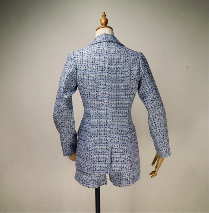 Women's Designer Inspired Custom Made Check Pattern Blue Tweed Blazer + Skirt/Shorts Suit