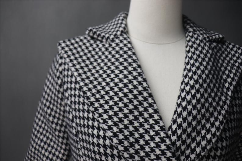 Womens Long Coat CUSTOM MADE Houndstooth Black Checked Wool Blend Tweed   UK CUSTOMER SERVICE! Womens  Long Coat CUSTOM MADE Houndstooth Black Checked Wool Blend Tweed-All items are made to order. Please advise your height, weight and body measurements ( Bust, shoulder, Sleeves, Waist and Length etc). Our tailors will make the order for you!  Materials: Wool blend (20% Wool)