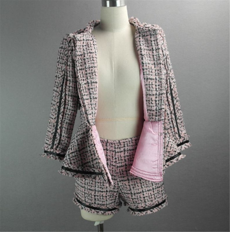 Women's Designer Inspired CUSTOM MADE Hand Made Checked Tweed Jacket Coat Blazer + Shorts Pink