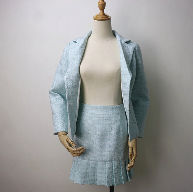 Womens Designer Inspired Custom Made Chain Decoration Blazer + Pleated Skirt Suit