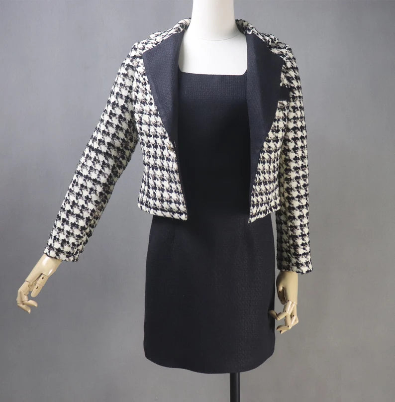 Tailor Made Women Suit Houndstooth Short Tweed Blazer Coat+ Dress