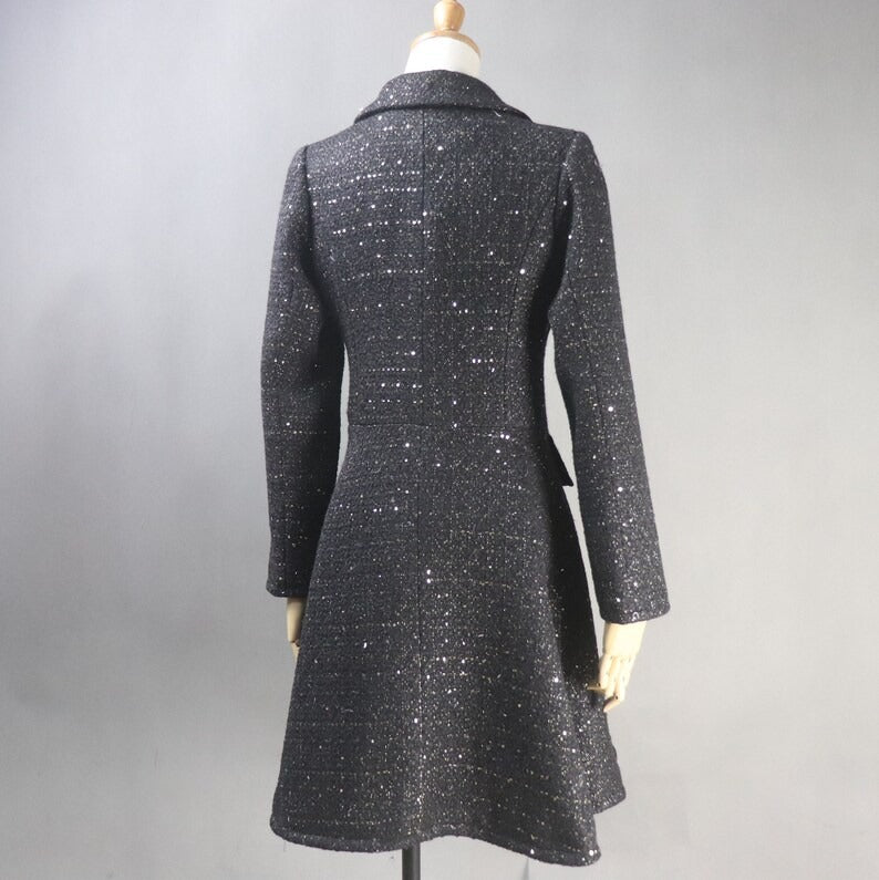 Black Sequinned Flare Tweed Long Warm Coat For Womens – Fashion