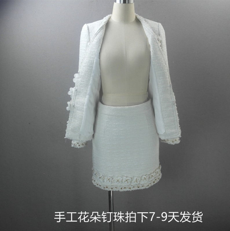 Womens Designer Inspired CUSTOM MADE Pearl Beads Flowers Coat Blazer+ Skirts Suit Formal/ Business