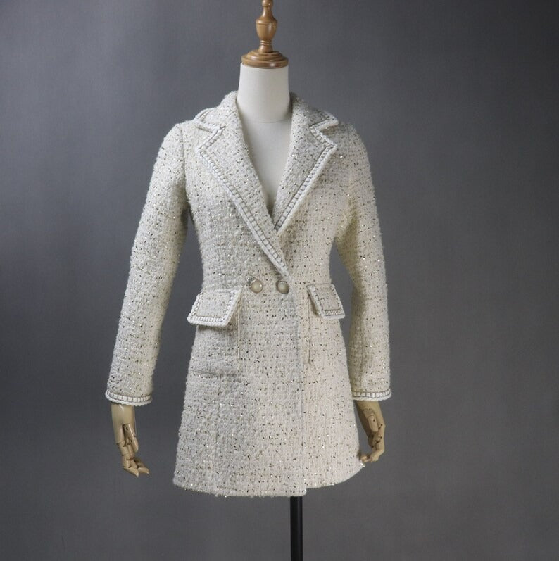 Women's CUSTOM MADE Chain Trim Golden Sparkle Tweed Coat Cream  UK CUSTOMER SERVICE!  Women's CUSTOM MADE Chain Trim Golden Sparkle Tweed Coat Cream-  Long Coat have unique style. Can worn for winter season, party wear, night out ,it has front pocket with sequinned design ,white buttons and Long Sleeves. You can feel more comfort and warm. Fully Lined and sharply tailored.   Made of comfortable and fantastic fabric, show off your charming curves.
