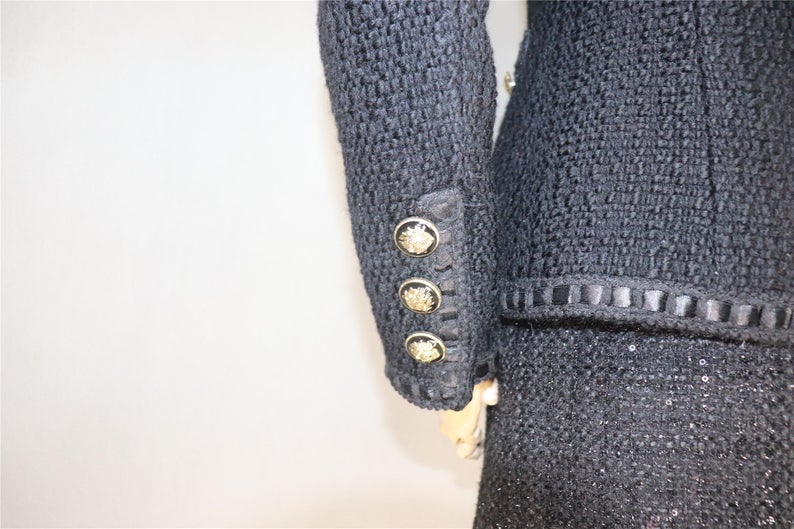 Women's Designer Inspired CUSTOM MADE Hand Made Black Tweed Jacket Coat Blazer