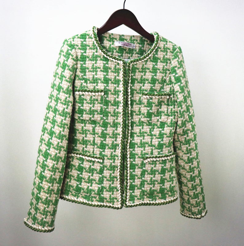 CUSTOM MADE Hounds tooth Tweed Jacket Coat Blazer + Skirt/ Shorts Suit Green