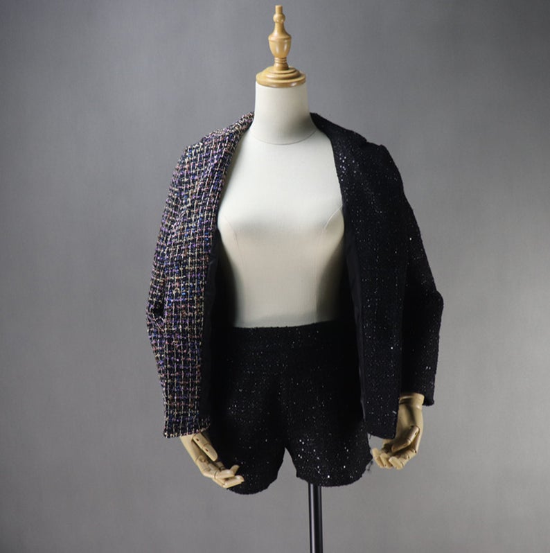 Sequined Custom Made Tweed Colour Crash Shorts/Skirt Suit
