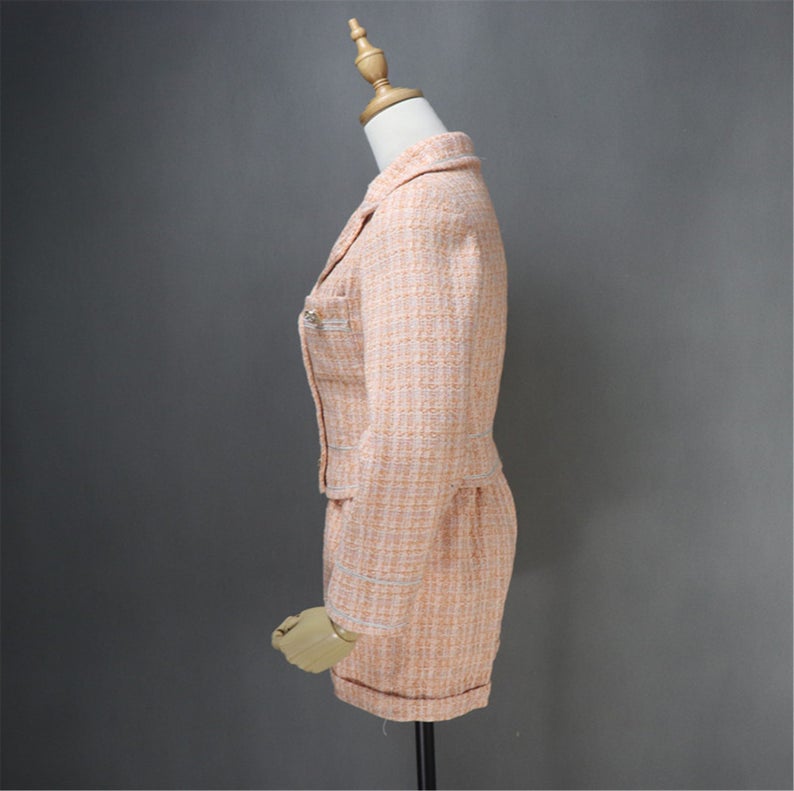 Hand Made Light Orange Custom Made Tweed Shorts/Skirt Suit