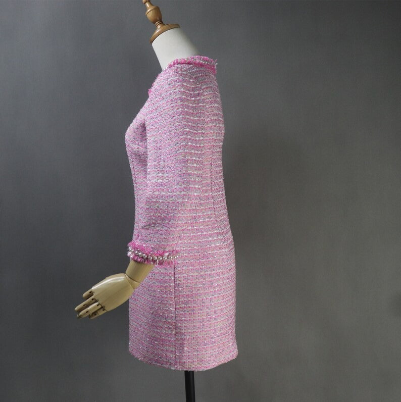 Womens Custom Made Pearls Tweed 3/4 Sleeves Dress Hot Pink Womens Custom Made Pearls Tweed 3/4 Sleeves Dress Hot Pink