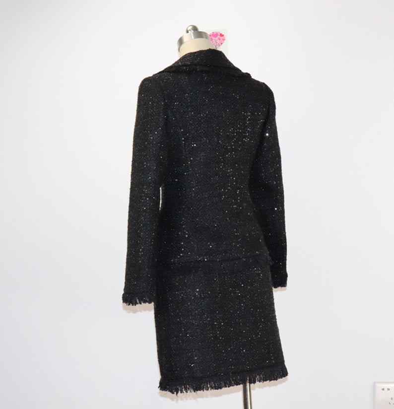 Women Designer Inspired Custom Sequined Tweed Tassel Fringe Skirt Suit