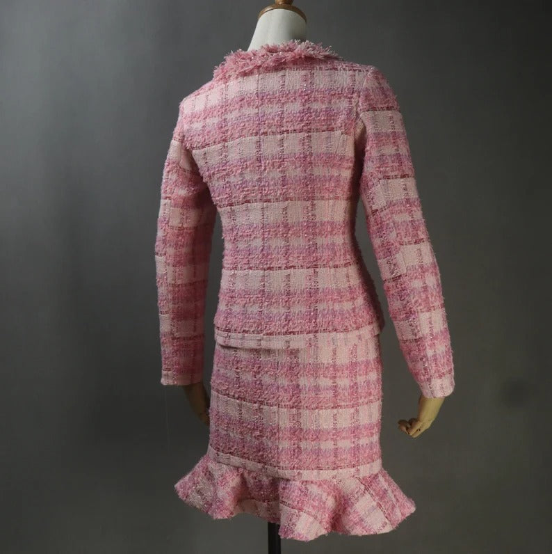 "More Than 10% Additional Discount when you buy both  Jacket  +Skirt or Jacket + Shorts"   UK CUSTOMER SERVICE! Women Custom Made Tweed Pink Colour Tassel Fringe Dress (more than 10% discount) - We are happy to make as per customer size like Oversized, Plus Size, Extra Size, Perfect body measure ,Small size ,Large size. Our tailor will make perfect Tweed fabric for you. This is all season dress, can wear for outside, weddings , ceremony, Events and functions.