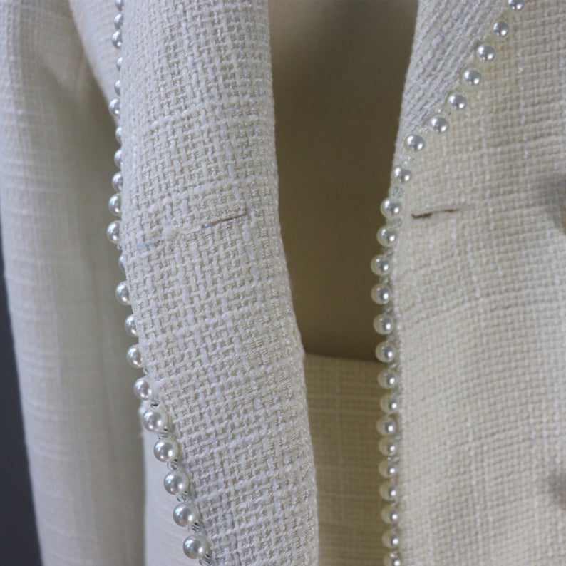 CUSTOM MADE Pearls Tweed Double Breast Jacket Coat Blazer + Trousers  UK CUSTOMER SERVICE! CUSTOM MADE Pearls Tweed Double Breast Jacket Coat Blazer + Trousers - with front pockets and four pearl buttons. This is tweed custom made fabric feel soft and comfortable. Materials: Wool blend
