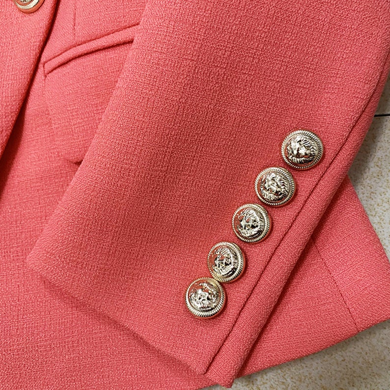 Women's Blazer Coral Red Golden Lion Buttons Fitted    UK CUSTOMER SERVICE!   Women's Blazer Coral Red Golden Lion Buttons Fitted - Front pocket and golden lion buttons. Look stunning. Polyester and fully lined. Can worn for outside, business use ,onsite and shop. This short, straight-style  coat is perfect for cooler weather and a smart look, no matter if you're heading out to shop or to the office. 