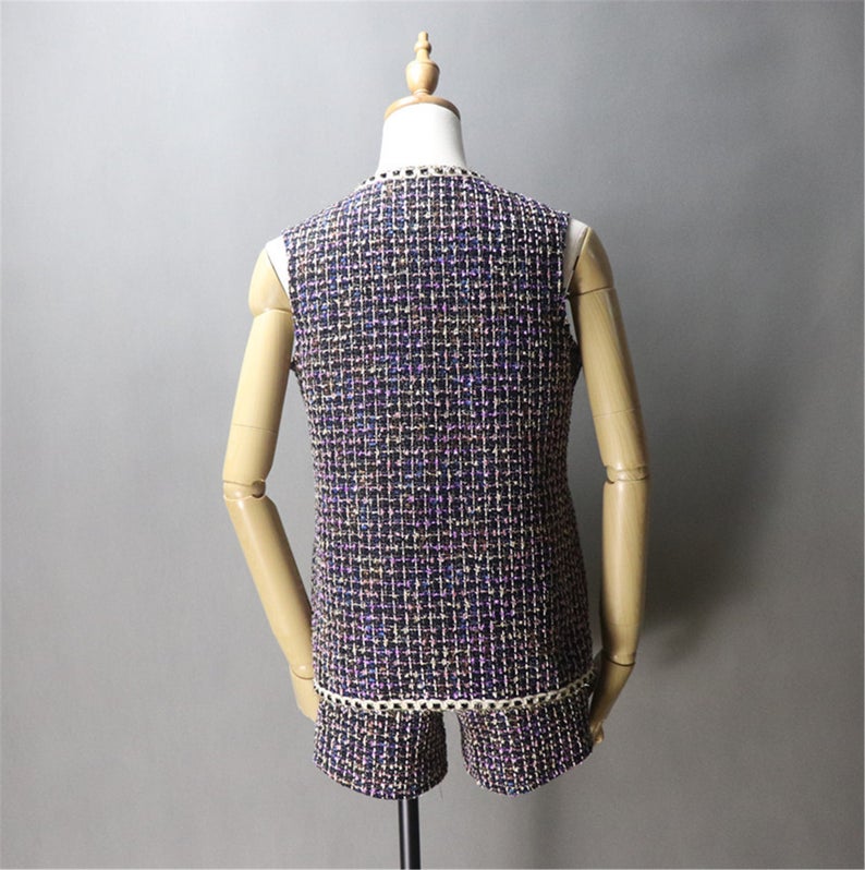 Women's Designer gilet Asymmetric Trim Pockets Tweed Vest + Shorts