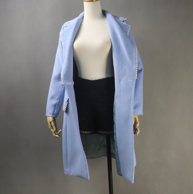 Women's Winter Tailor MADE Blue Pearl Decorated Long Warm Coat