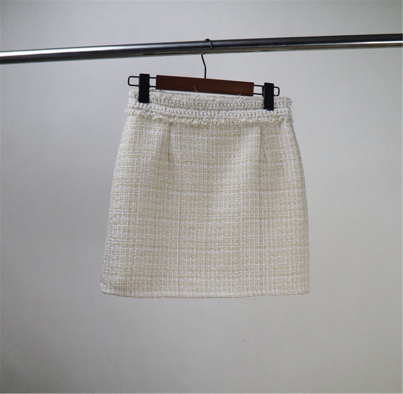 Women CUSTOM  Made Tweed Pearl Decoration Beige Mini/ Midi Skirt