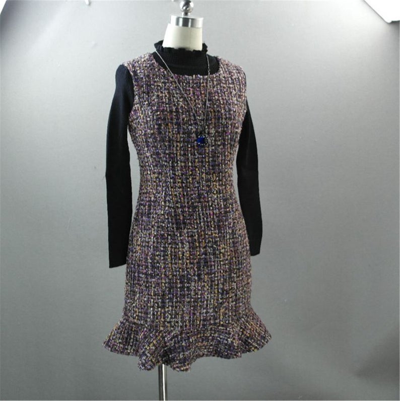 Round Neck Tweed Fishtail Dress With Four Colours for Women  UK CUSTOMER SERVICE! Round Neck Tweed Fishtail Dress With Four Colours for Women - We have four different coloured of Tweed fishtail dress. Can wear outside and suits for all season. Round neck with back zip. All items are made to order. Please advise your height, weight and body measurements ( Bust, shoulder, Sleeves, Waist and Length etc). Our tailors will make the order for you!  Materials: Polyester