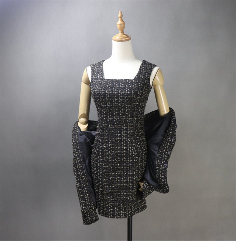 Black Golden Checked Pattern Tweed Sheath Dress + Blazer Coat