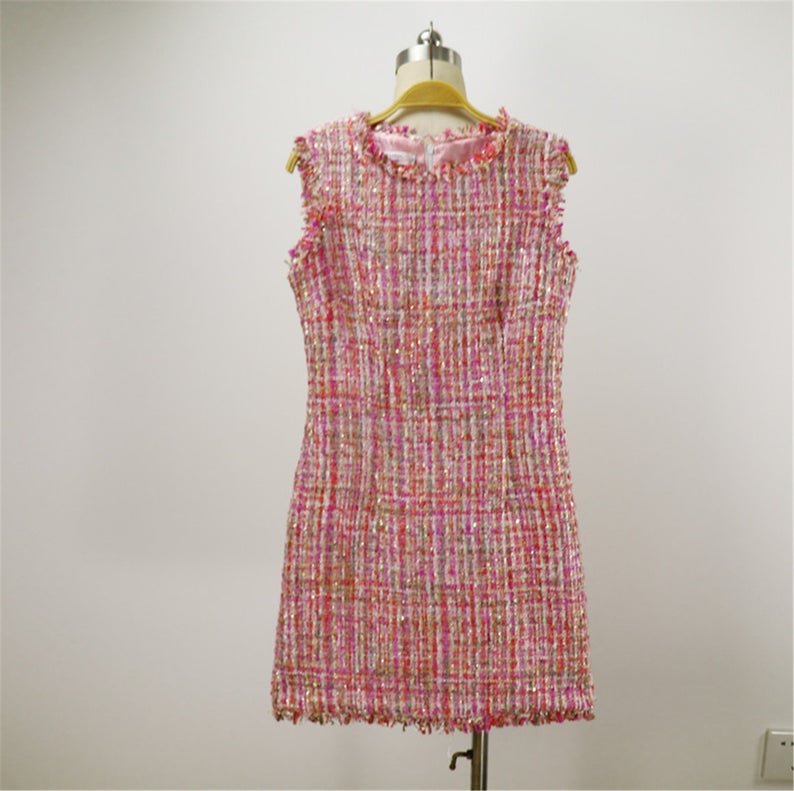 Women Custom Made Round Neck Sleeveless Tweed Sheath Dress Pink