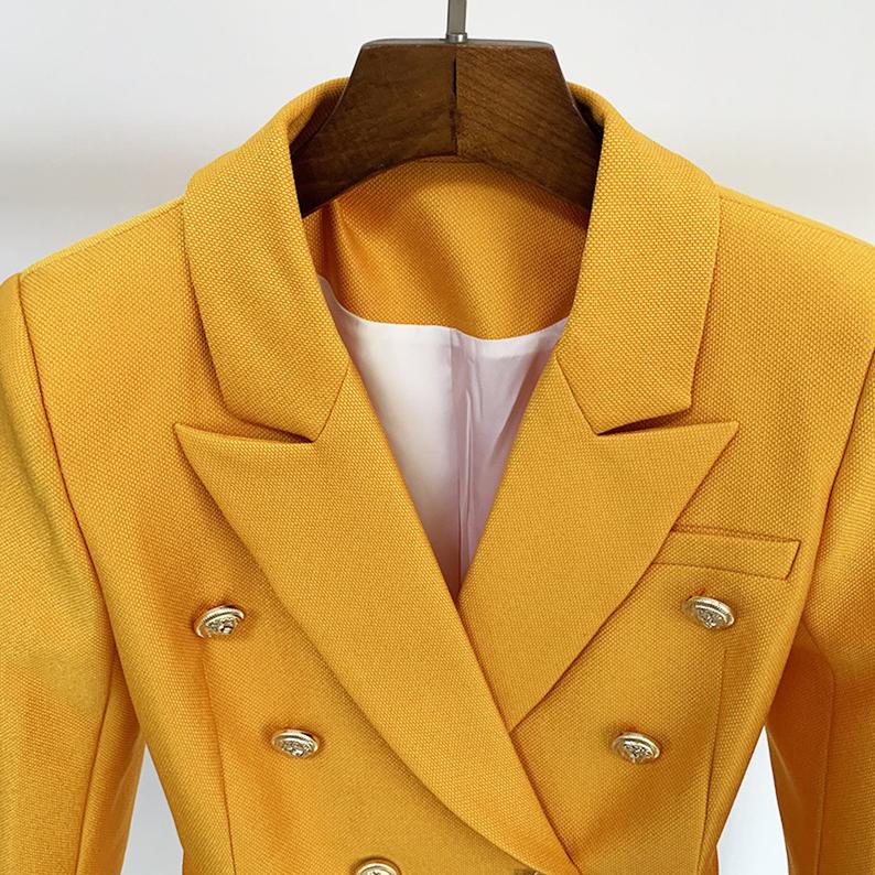 Women's Fitted Blazer Golden Buttons Coat Yellow UK CUSTOMER SERVICE! Women's Luxury Designer Inspired Fitted Blazer Golden Buttons Coat Yellow - can worn for business meeting, daily wear, formal date, office work, vacation and outdoor activities. Classic fashion design, the simple and smooth line of lapel can accentuate the neck line.  Polyester Machine Wash Fastening: Button Slim Long Sleeve