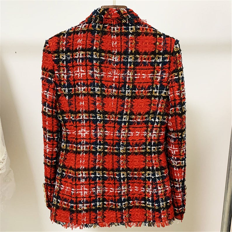  Women's Luxury Designer Inspired Red Checked Tweed Blazer Coat + Shorts  UK CUSTOMER SERVICE! Women's Luxury Designer Inspired Red Checked Tweed Blazer Coat + Shorts - Dry Cleaning, Top Quality , Long Sleeves with Buttons. Soft fabric. This jacket comes with a full lining, soft and Comfortable to Wear.  Fitting and stretchy everyday blazers, a single front button design, perfectly carrying some necessity, or nailing a chic look.