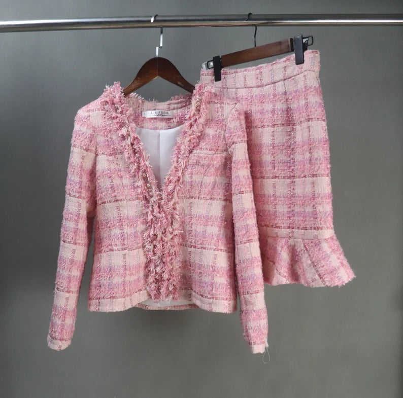 "More Than 10% Additional Discount when you buy both  Jacket  +Skirt or Jacket + Shorts"   UK CUSTOMER SERVICE! Women Custom Made Tweed Pink Colour Tassel Fringe Dress (more than 10% discount) - We are happy to make as per customer size like Oversized, Plus Size, Extra Size, Perfect body measure ,Small size ,Large size. Our tailor will make perfect Tweed fabric for you. This is all season dress, can wear for outside, weddings , ceremony, Events and functions.