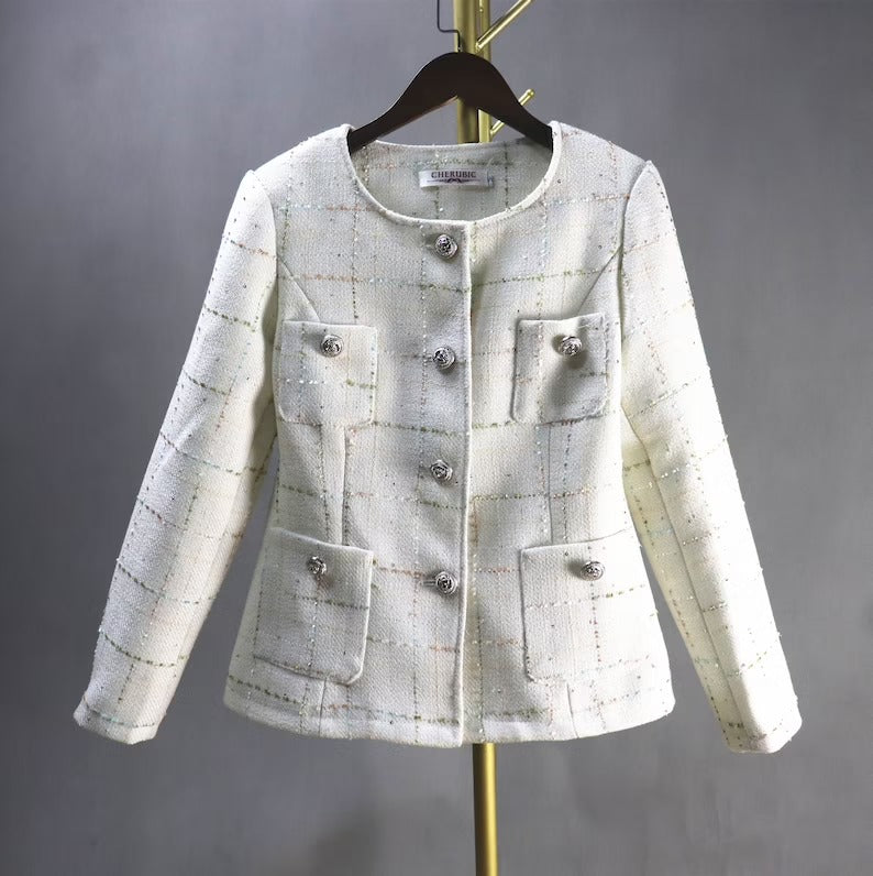 Women's Tailor MADE Check White Blazer *Custom Made*  UK CUSTOMER SERVICE!  Women's Tailor MADE Check White Blazer -  Checked white tweed design with pockets. Suits and Coat have unique style. Can worn for inauguration, party ,wedding , events and ceremonies. We offer Shorts, Skirts, Trousers for the suit.  Our tailor will make as per customer requirement like with pocket, sleeveless, without pocket etc.