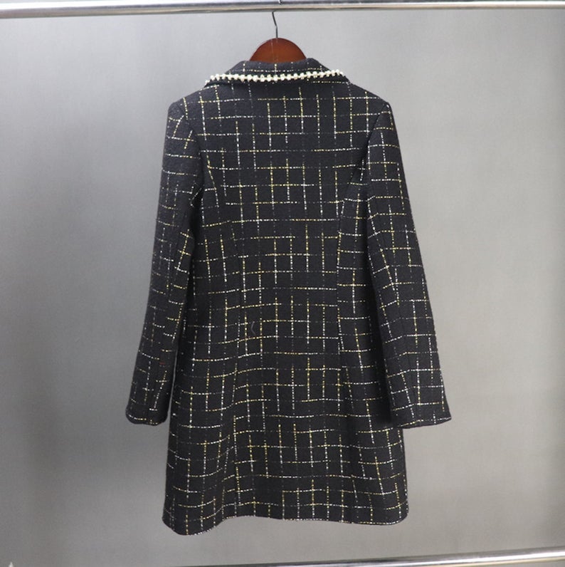 Tailor Made Tweed Pearls Black Checked Blazer Mid Length / Long Coat for Women   UK CUSTOMER SERVICE! Tailor Made Tweed Pearls Black Checked Blazer Mid Length / Long Sequinned Coat for Women, can worn for ceremony, inauguration and official use. Its no machine washable, dry cleaning and feel more comfort to wear.