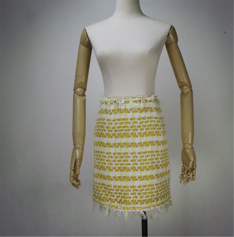 Womens Designer Inspired Custom Made Yellow Tweed Blazer + Skirt Suit