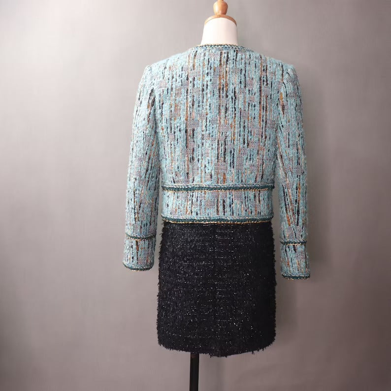 Blue Multi-Color Tweed Jacket Coat Blazer For Womens  UK CUSTOMER SERVICE!  Coat And Sheath dress sold separately.   Blue Multi-Color Tweed Jacket Coat Blazer  - We offer Shorts, Skirts, Trousers for the suit. The coat is suits to any dress like sheath dress. Our tailor will make as per customer requirement like with pocket, sleeveless, without pocket etc.