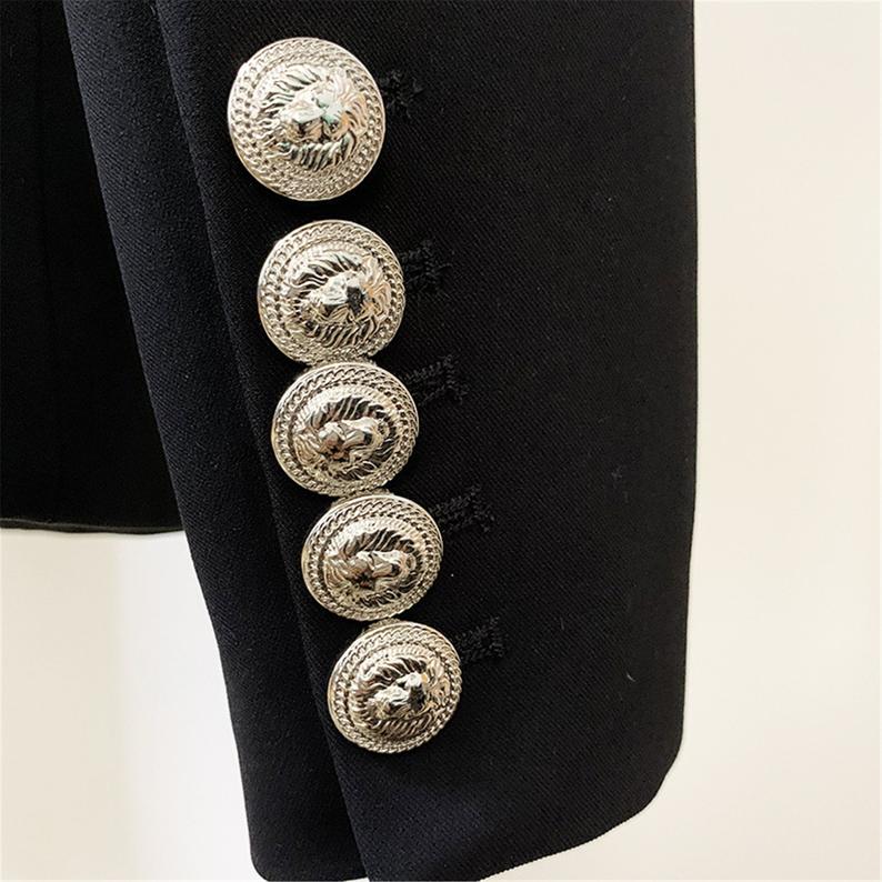 Women's Black Blazer Jewellery Embroidery Silver Lion Buttons Fitted Jacket  UK CUSTOMER SERVICE! Women's Black Blazer Jewellery Embroidery Silver Lion Buttons Fitted Jacket, This classic-cut jacket features a notched collar, silver double-breasted closure and plenty of chic style. Basic collar blazer jacket for women, classic design, two functional flap pockets, fully lined. Single front button, solid or fashion plaid colour, slim fit, easily paired with your pants, skirts, jean leggings.