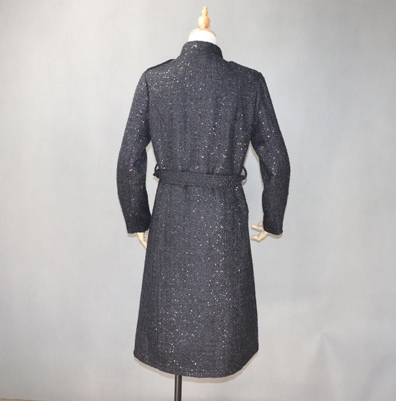 Women Designer Inspired Tweed Wool Blend Sequined Trench Coat Outwear Belted