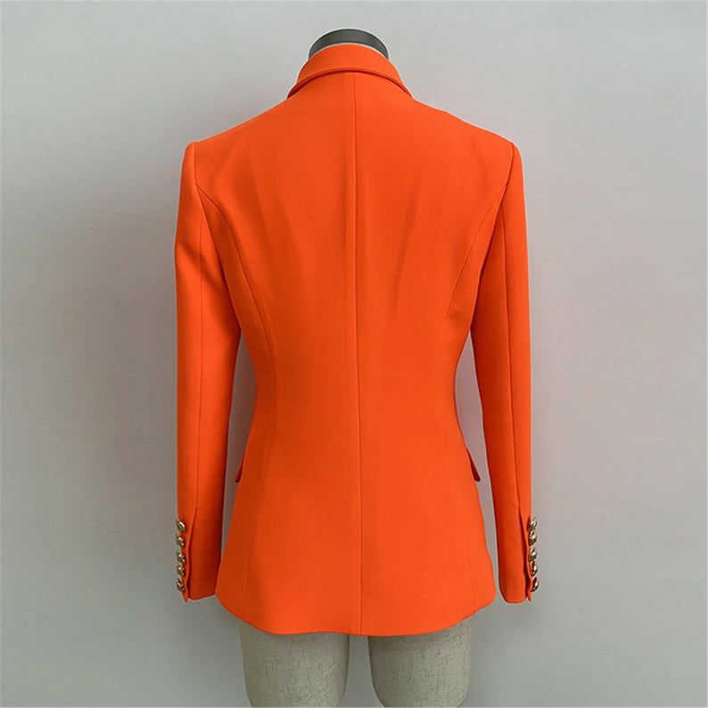 Women's Blazer Fitted Golden Lion Buttons Neon Orange  UK CUSTOMER SERVICE! Women's Blazer Fitted Golden Lion Buttons Neon Orange, double-breasted jacket in and front pockets with a flap. Decorative buttons at the cuffs, and a single back vent. Lined. Size: UK 4-14/ EU 32-42/ US 0-10